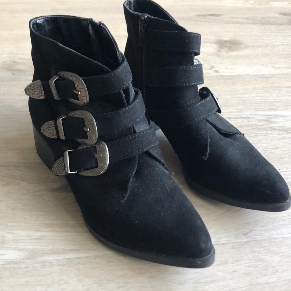 Black suede boots with buckle detailing